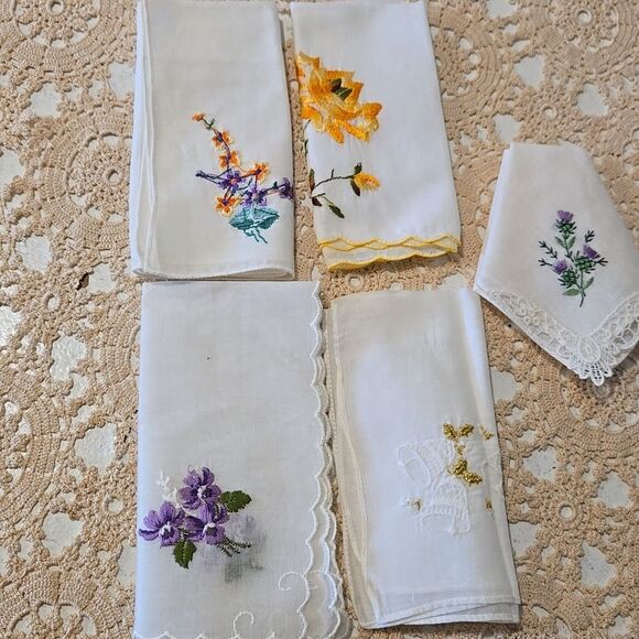 Vintage Floral Embroidered Handkerchief Set - Yellow, Purple, Green Accents - Picture 16 of 16